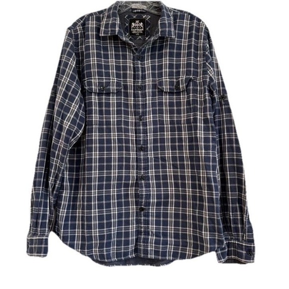 Express Other - EXPRESS Men's Blue Plaid Long Sleeve Button Up Shirt Lined Sz Large 100% Cotton